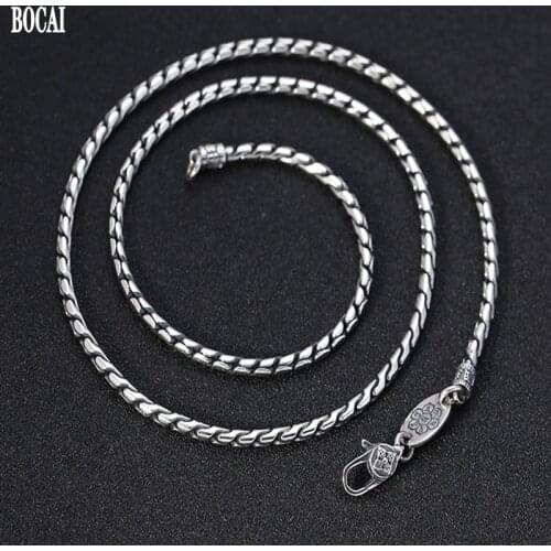 BOCAI New Real Solid S925 Silver Retro Buddhist Six-character Mantra Mens Necklace Personality 2021 Trend 3mm Sweater Chain