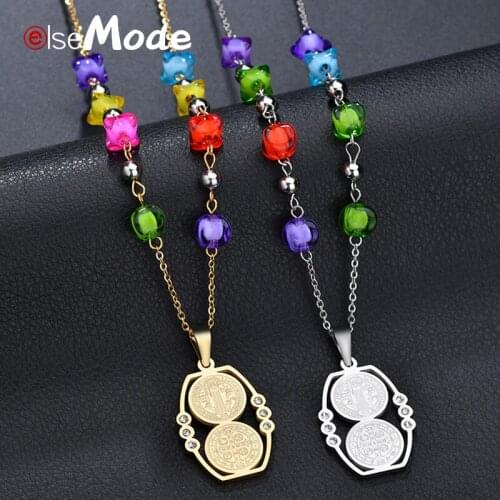 ELSEMODE Catholic Saint Benedict CSPB Medal Necklace Rhinestone Stainless Steel Coin Chain Necklaces Women Girl Christmas Gifts