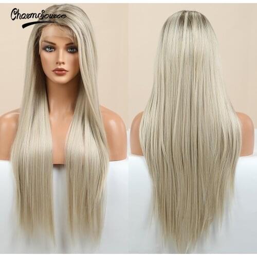 CharmSource Lace Front Wigs Long Straight Blonde White Hair Daily Party Coaplay Wig for White Women Synthetic Heat Resistant