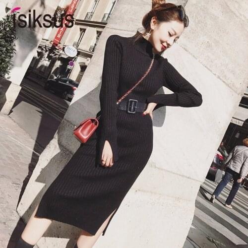 Isiksus Knitted Warm Dresses Winter Autumn Womens Long Sleeve Sweater Dress 2018 Black Casual Sexy Bodycon Dress for Women DR128