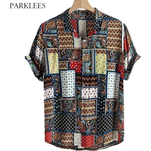 Retro Paisley Floral Printed Mens Shirt 2020 Patchwork Ethnic Style Flower Print Summer Shirts for Men Casual Loose Men Clothing