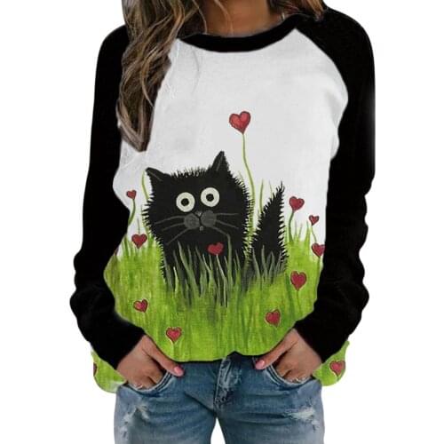Black Cat Print T-shirt 2021 Women Clothing O-neck Long-sleeved Animal Print Casual Tops T-shirt Field Cat Pattern Tshirt