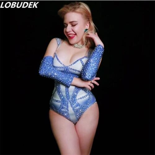 Blue Rhinestones Elastic Halter Bodysuit Tights Women Singer DJ DS Costume Bar Club Party Crystals Leotard Nightclub Stage Wear