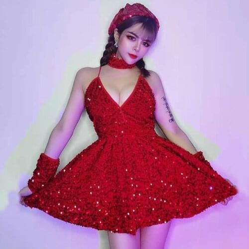 Sparkling Nightclub Singer Costumes Red Sequined Dresses For Women Birthday Celebrate Party Outfits Sexy Gogo Dj Wear VDB3168