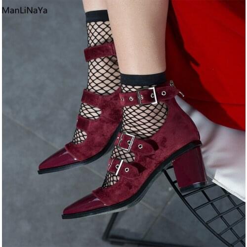 Burgundy Velvet Women Pumps Pointed Toe Buckle Belt Women Shoes Flock Patend Leather Splicing Material Square Heel High Heels