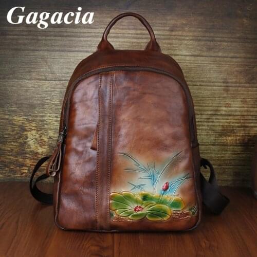 GAGACIA Women Backpack New Retro Handmade Embossing Genuine Leather Bags For Ladies Cowhide Backpacks Large Capacity Travel Bag