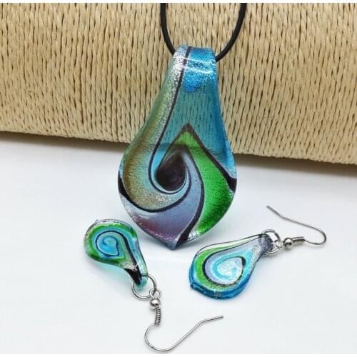 1 Set Fashion Glass Murano Floral Leaf Shape Pendant Necklace Earrings Jewelry Set Leaf Shape Spiral Pattern