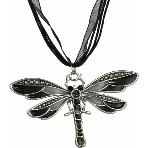 12PC Wholesale Black Vintage Crystal Dragonfly Rhinestone Necklace Retro Rope Long Sweater Women Girl Friend Charm Jewelry Gift
