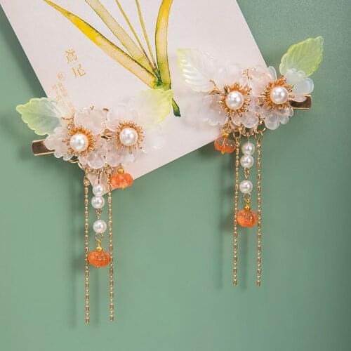 Chinese Style Hair Grips Copper Long Tassels Pearls Beads Pumpkin Pendant Hairpin Women Hair Clip Jewelry Gift