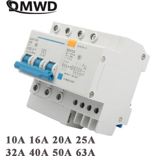 DZ47LE-63 3P+N 10A 16A 20A 400V~ 32A 40A 50A 63A 50/60HZ Residual Current Circuit Breaker Over Current Leakage Protection RCBO