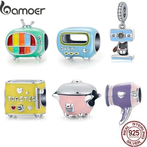 Bamoer 925 Sterling Silver Cozy Color Enamel Charm Rice Cooker Toaster Blue Oven Hair Dryer Machine Charm for Bracelet SCC1862