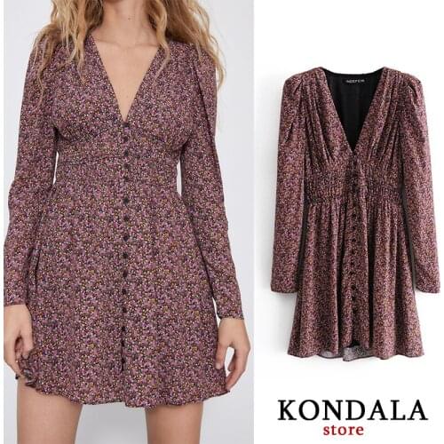 KONDALA Za 2020 Women Dress Floral Print V-Neck Chiffon Mini Party Dress Long Sleeve A-Line Sexy Dress Elegant Female Vestidos