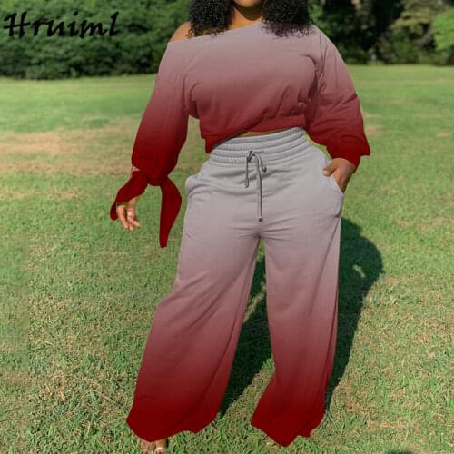 Fashion Tie Dye Two Piece Set Women Autumn Casual Loose Long Sleeve Crop Top Wide Leg Pants Sets Plus Size Streetwear Tracksuit