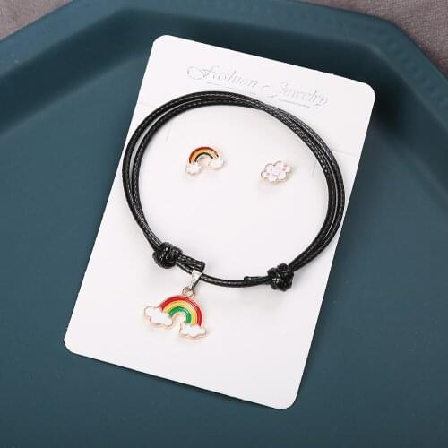Women Fashion Earrings/bracelet Set Cute Rainbow Stud Earrings Black Leather Rope Chain Adjustable Bracelet Female Jewelry Set