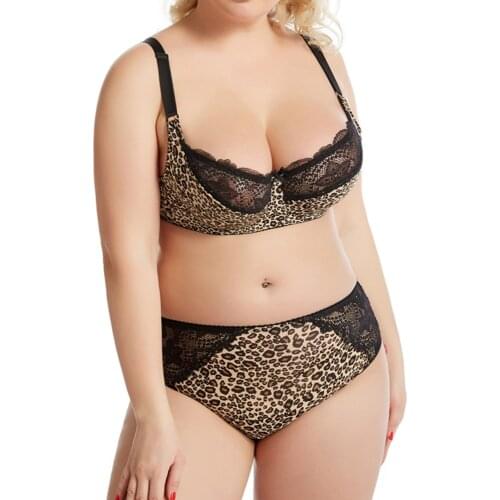 New Female Sexy Bra Set Lace With Leopard Underwear Panty Larger Chest Cup Cozy Wireless Lingerie Bralette Suit Plus Size 36-48