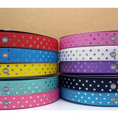 Free shipping 50 yard 7/8" 22 mm silver foil polka dots printed grosgrain ribbon