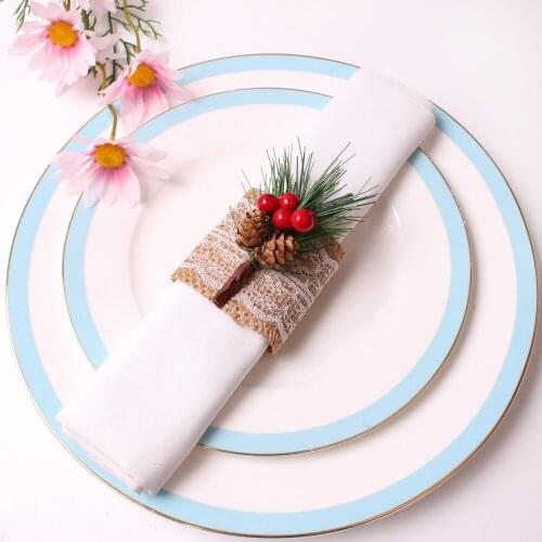 Christmas Decoration Linen Napkin Rings Red Fruit Napkin Ring Pine Needle Tissue Ring for Dinning Table Parties Events 12PCS/Set