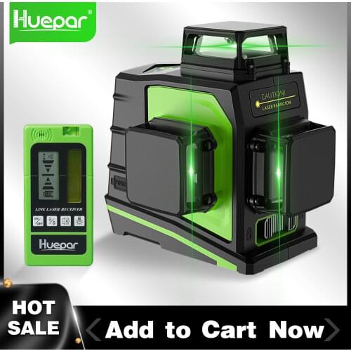 Huepar 12 Lines 3D Cross Line Laser Level Self-Leveling Green Beam Green Beam Pulse Mode Cross Line Level With Laser Receiver