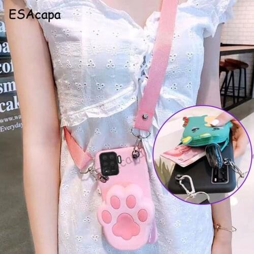 Cartoon Animal Wallet Coin Bag Case For OPPO F19 F17 F11 Pro Silicone Crossbody Lanyard Phone Cover For OPPO Find X3 Lite X2 Pro