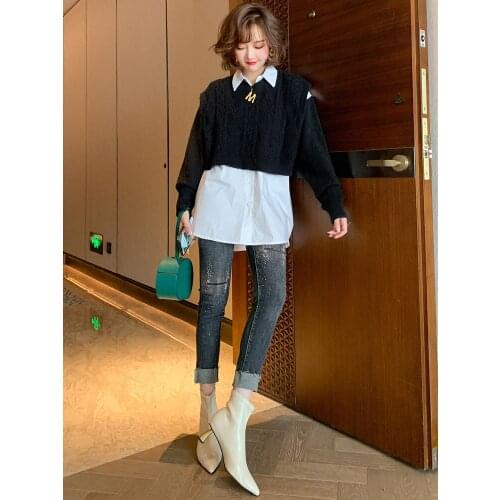 Knitted sleeve stitching shirt + vest + hot diamond jeans three-piece suit womens 2020 autumn and winter new