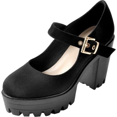 Richealnana Womens Platform Mary-Jane Round Toe Pumps Chunky High Heels Ankle Strap MetalBuckle Dress Black Shoes Big Size US15