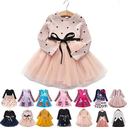 Spring Autumn Princess Casual Clothes Kid Unicorn Girl Dress Christmas Party Long Sleeve Children Birthday Flower Dress for Gir