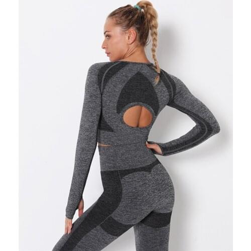 Women Sports Suits 2 Pcs Yoga Sets Long Sleeve Top+High Waist Leggings Gym Sets Energy Seamless Suit Back Hollow Fitness Sets