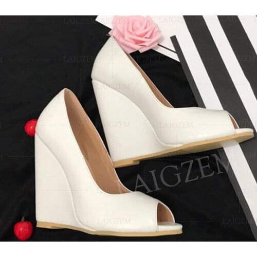 BERZIMER Handmade Women Wedges Pumps White Basic Shoes Wedding High Heel Shoes Stiletto High Heels Ladies Girl Big Size 44 45 47