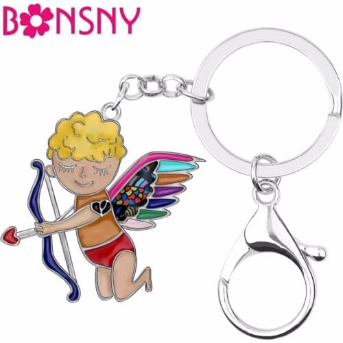 Bonsny Enamel Alloy Lover Cupid Angel Keychains Key Ring For Women Girls Car purse wallet bag Charms Granddaughter Gifts