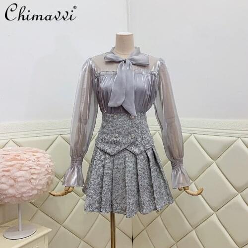 Retro Casual Two Pieces Skirt Suit Women Autumn 2021 Flare Sleeve Casual Slim Shirt Blouses Lady High Waist A Line Pleated Skirt