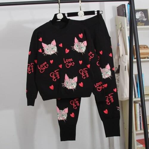 Black Knitted Two Piece Outfits Women Tracksuits 2pc Loose Cartoons Print Sweater Pencil Pants Set Female Knit Suit Streetwear