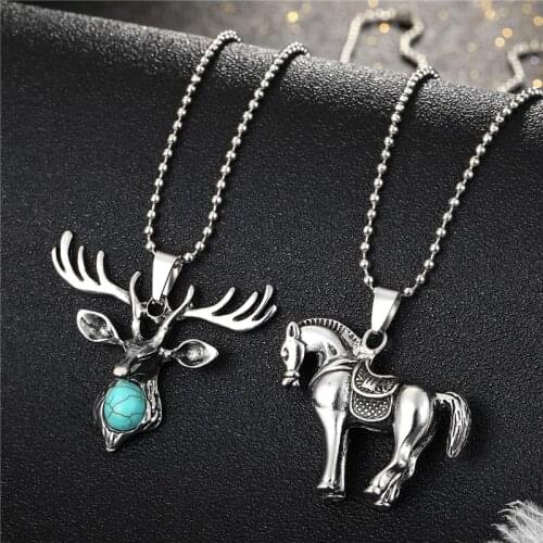 1PC Vintage Punk Deer Horse Charm Pendant Necklace For Women Hiphop Rock Personality Animals Metal Chain Choker Jewelry N143