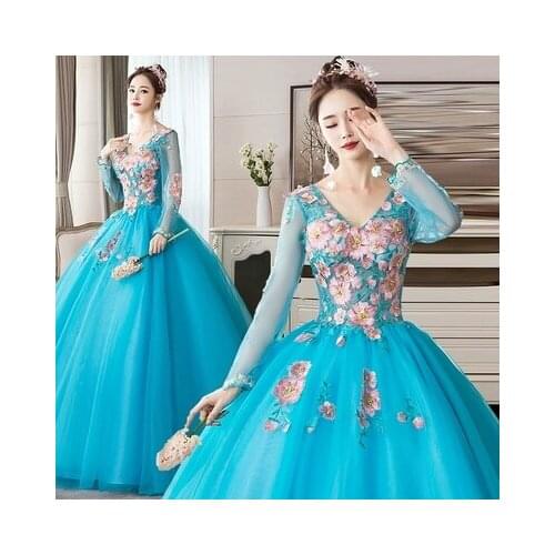 100%real long sleeve sky blue embroidery cosplay ball gown medieval dress Renaissance gown queen Victorian Belle Ball gown