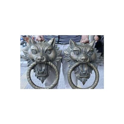 17" Folk China Feng Shui Bronze Evil Spirits Tiger Head Statue Door Knocker Pair Sculpture statues unicornio garden decoration