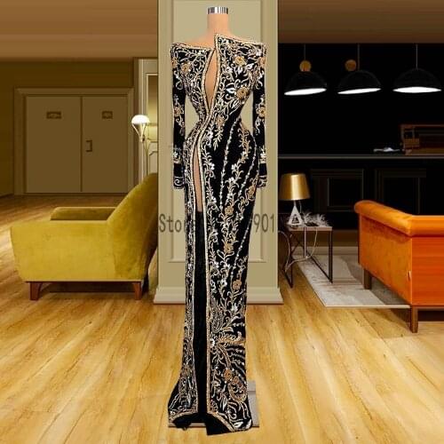 Black High Split Embroidery Evening Dresses Middle East Sexy Long Sleeve Evening Gowns Arabic Style Formal Dress