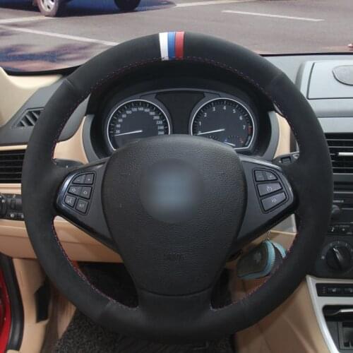 Black Suede Blue Leather Car Steering Wheel Cover for BMW E70 X5 2008-2014 09 10 11 12 13 X6 E71 2008-2015