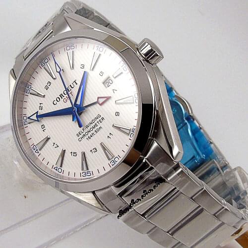 CORGEUT Top Brand GMT Mechanical Watch White Dial Date Display Steel Band Seeing Clear Back Sapphire Crystal