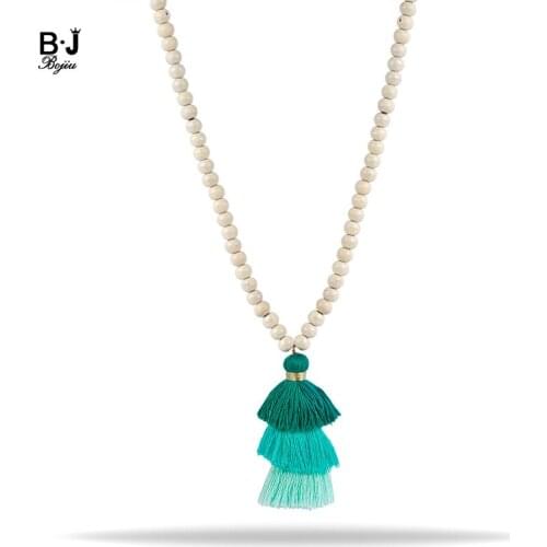 Bojiu Europe Boho Wood Jewelry White Wood Bead Long Necklace Layers Blue Cotton Tassel Pendant Necklace for Women NKS174