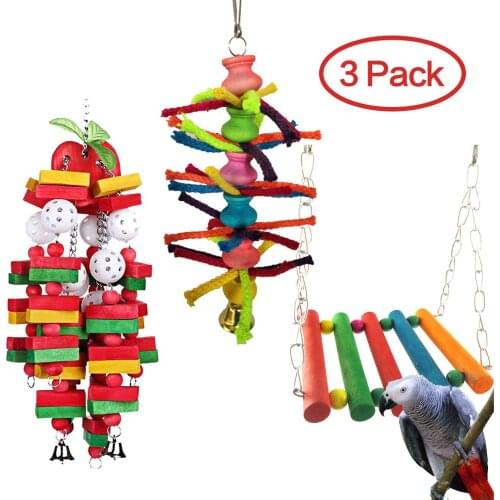 Pet Bird Parrot Toys with Hanging Rope Chain and Swing and Wood Toys Total 3pcs a set BT045
