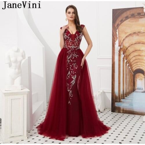 JaneVini Luxury Beaded Crystal Mermaid Long Burgundy Prom Dresses 2019 Sexy Deep V Neck Open Back Tulle Dress Vestidos De Gala