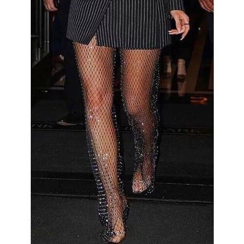Hot Sale Stage Costume Accessories Sexy Grid Flashing Diamond Pants Women Fishnet Leggings Evening Party Fashion Wear VDB2778