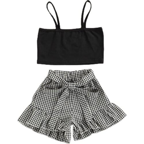 2021 1-6Y Fashion Kids Baby Girl Clothes Set Black Solid Color Top Vest+Plaid Print Ruffle Shorts With Belt Summer 2pcs