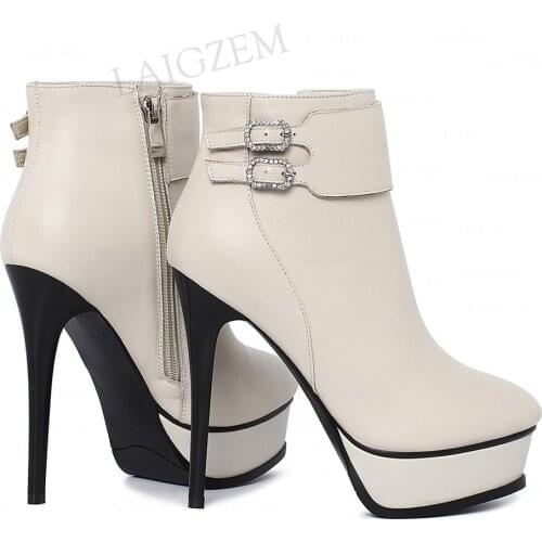 LAIGZEM FASHION Women Ankle Platform Boots Side Zip Real Leather Thin High Heels Booties Female Shoes Woman Big Size 33 38 39 41
