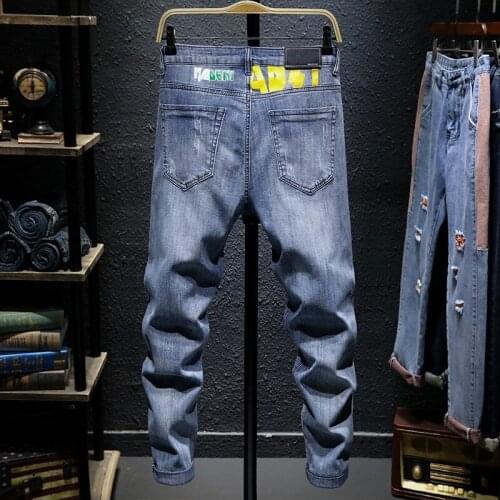 Spring Summer Men Frayed Ankle-Length Jeans Printing Light Blue Casual Denim Pants Fashion Washed Slim Stretch Straight Pants