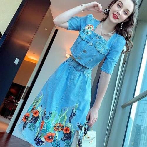 New Summer Women Two Pieces Set Short Sleeve Crop Tops + Floral Print Midi Skirts Sets Fashion Jeans Outfits