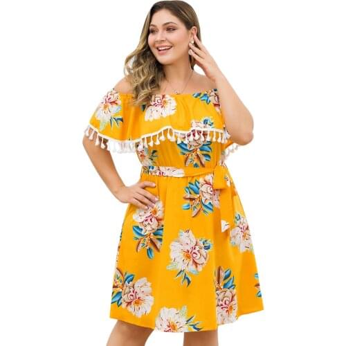 Original Womens Tassel Dress Fashion Yellow 2019 Summer Ladies Casual Loose Vestidos Plus Size 4XL Female Sexy Dress Slash Neck