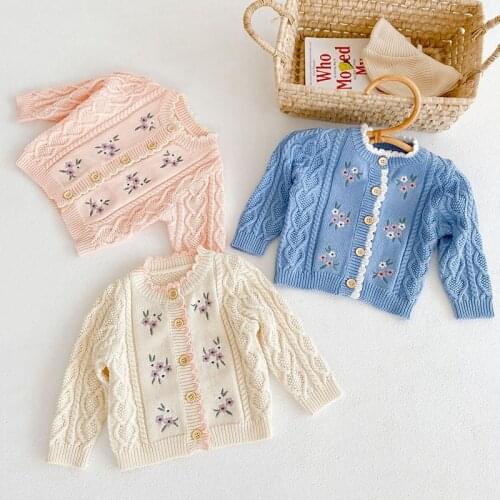 Korean Style Newborn Baby Girls Knitting Cardigan Floral Embroidery Infant Baby Girl Knitting Coat Spring Autumn Kids Clothes