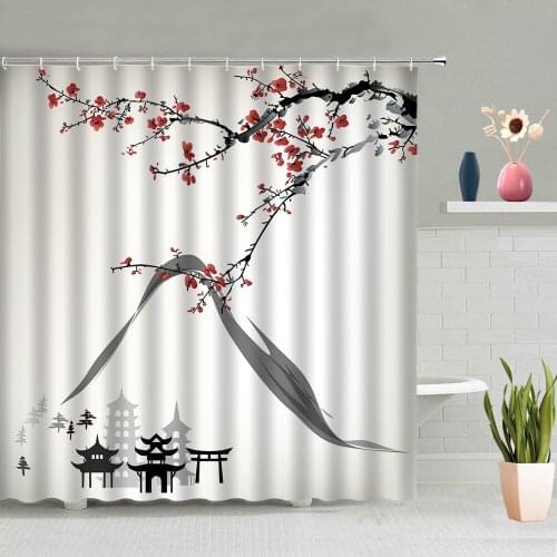 Chinese Style Ink Painting Shower Curtain Bamboo Leaves Plants Plum Blossom Boat Mountain Birds Bathroom Bathtub Screen Washable