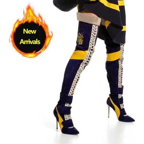 New Arrivals Walking Boots Lady Nubuck Cross-tied Over the Knee Long Botas Mixed Color Pointed Toe Zip Knight Boots Shoes Woman