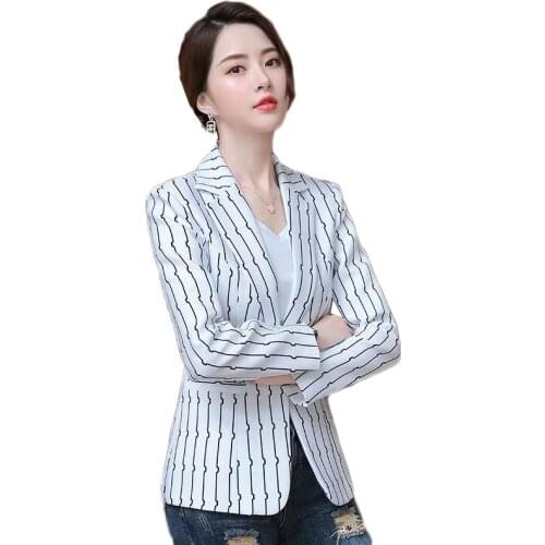 Spring Stripe Suit Jacket Women Blazers Feminino Fashion Notched Pockets Single Button Slim OL Ladies Blazer Short Coat Y332